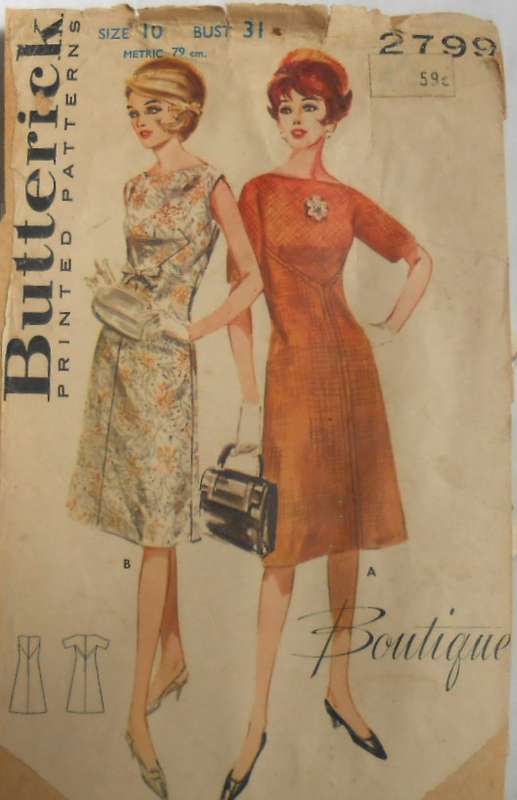 V/VINTAGE BUTTERICK 2799 MISSES SEMI FIT DRESS SIZE 10 BUST 31 COMPLETE-ZIPLOC