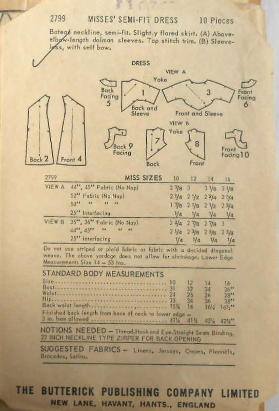 V/VINTAGE BUTTERICK 2799 MISSES SEMI FIT DRESS SIZE 10 BUST 31 COMPLETE-ZIPLOC