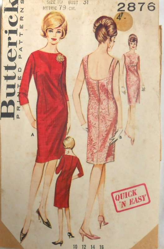 V/VINTAGE BUTTERICK 2876 MISSES SHEATH DRESS SIZE 10 BUST 31 COMPLETE-ZIPLOC
