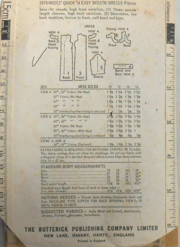 V/VINTAGE BUTTERICK 2876 MISSES SHEATH DRESS SIZE 10 BUST 31 COMPLETE-ZIPLOC