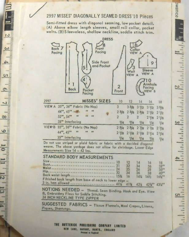 V/VINTAGE BUTTERICK 2997 DIAGONALLY SEAMED DRESS SIZE 10 BUST 31 COMPLETE-ZIPLOC