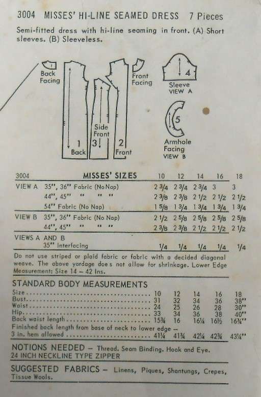 V/VINTAGE BUTTERICK 3004 HI-LINE SEAMED DRESS SIZE 10 BUST 31 COMPLETE-ZIPLOC