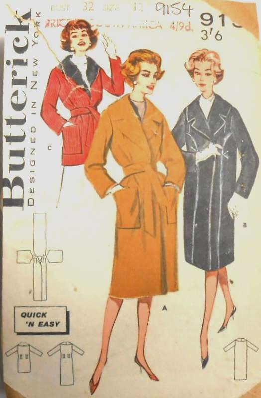 V/VINTAGE BUTTERICK 9154 WRAP COAT SIZE 12 BUST 32 COMPLETE-ZIPLOC