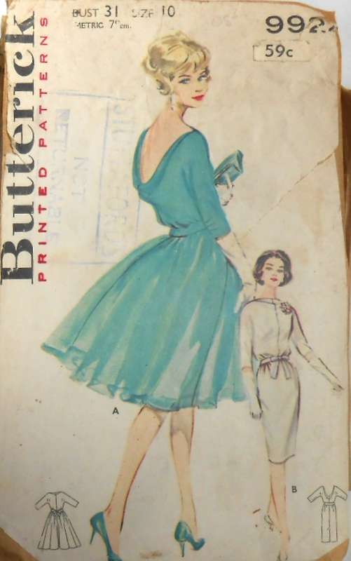 V/VINTAGE BUTTERICK 9924 COWL NECKLINE DRESS SIZE 10 BUST 31 COMPLETE-ZIPLOC