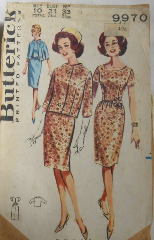 V/VINTAGE BUTTERICK 9970 DRESS & JACKET SIZE 10 BUST 31 COMPLETE-ZIPLOC