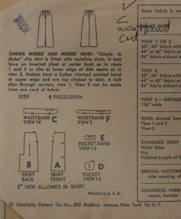 VINTAGE SIMPLICITY 1229 SKIRT WAIST 23 1/2 HIP 32 - WAISTBAND NOT SUPPLIED