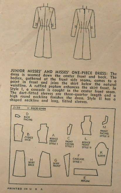 VINTAGE SIMPLICITY 2139 ONE PIECE DRESS SIZE 12 BUST 30 COMPLETE-ZIPLOC