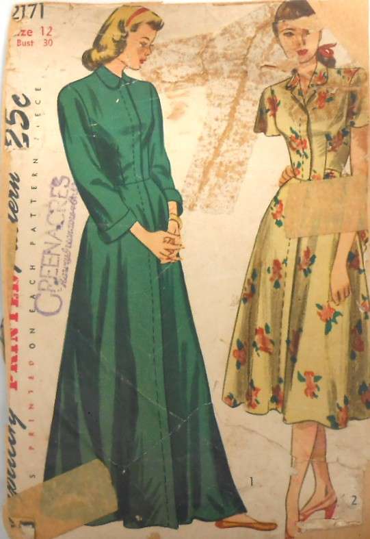 VINTAGE SIMPLICITY 2171 ONE PIECE HOUSE COAT SIZE 12 BUST 30 COMPLETE-ZIPLOC