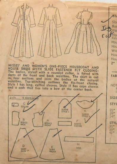 VINTAGE SIMPLICITY 2171 ONE PIECE HOUSE COAT SIZE 12 BUST 30 COMPLETE-ZIPLOC