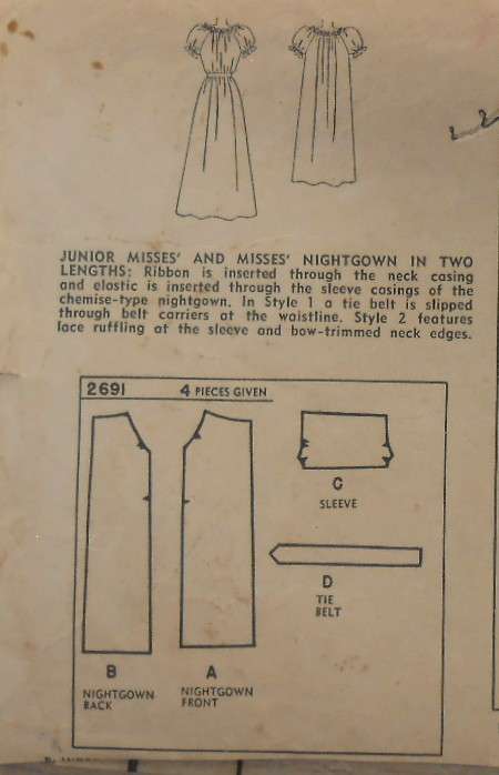 VINTAGE SIMPLICITY 2691 NIGHTGOWN IN 2 LENGTHS SIZE 12 BUST 30 COMPLETE-ZIPLOC