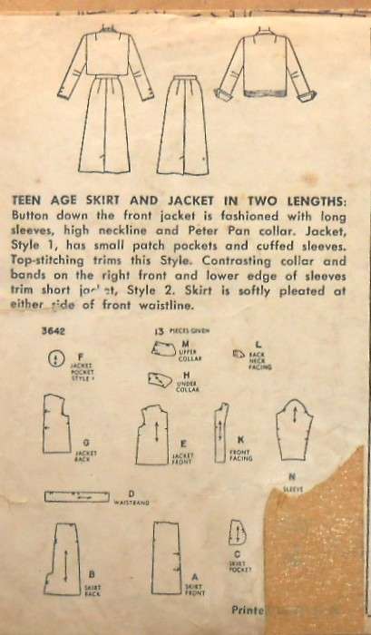 VINTAGE SIMPLICITY 3642 TEEN SKIRT & JACKET SIZE 12 BUST 30 COMPLETE-ZIPLOC