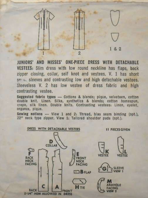 VINTAGE SIMPLICITY 5820 ONE PIECE DRESS WITH DETACHABLE VESTEES SIZE 16 BUST 36 COMPLETE