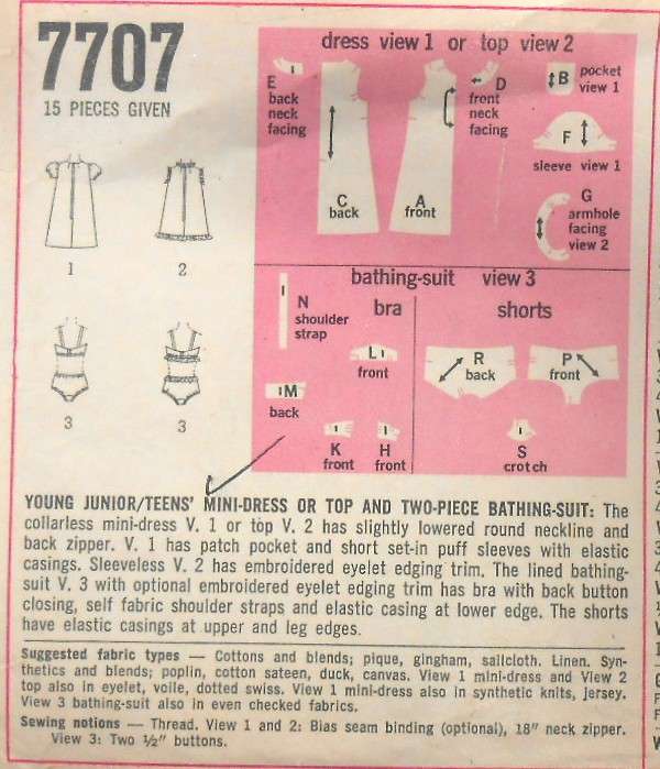 VINTAGE SIMPLICITY 7707 MINI DRESS-TOP TWO PIECE BATHING SUIT SIZE 9/10 BUST 30 1/2 COMPLETE-ZIPLOC