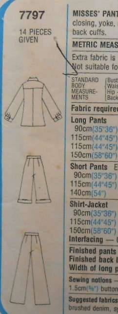 SIMPLICITY 7797 PANTS IN 2 LENGTHS+ SHIRT JACKET SIZE 12 BUST 87 CM COMPLETE-ZIPLOC