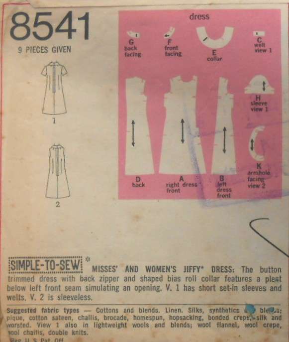 SIMPLICITY 8541 COLLARED DRESS WITH FRONT SIDE FEATURE SIZE 18 BUST 40 COMPLETE-ZIPLOC