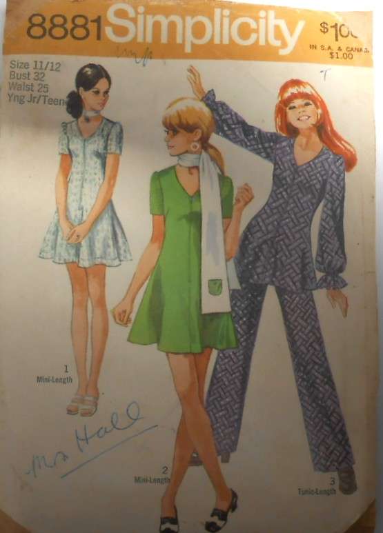 VINTAGE SIMPLICITY 8881 MINI DRESS-TUNIC-PANTS-SCARF SIZE 11/12 BUST 32 COMPLETE-ZIPLOC