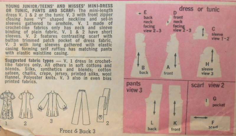 VINTAGE SIMPLICITY 8881 MINI DRESS-TUNIC-PANTS-SCARF SIZE 11/12 BUST 32 COMPLETE-ZIPLOC