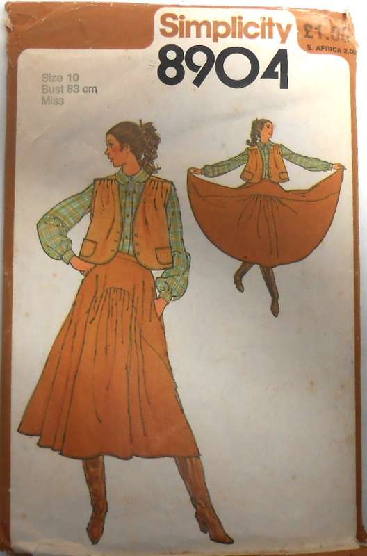 SIMPLICITY 8904 FULL SKIRT & UNLINED WAISTCOAT SIZE 10 BUST 83 CM COMPLETE