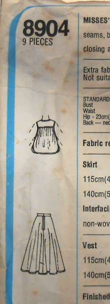 SIMPLICITY 8904 FULL SKIRT & UNLINED WAISTCOAT SIZE 10 BUST 83 CM COMPLETE