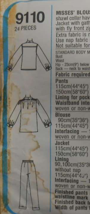 SIMPLICITY 9110 BLOUSE-PANTS & LINED JACKET SIZE 10 BUST 83 CM COMPLETE-ZIPLOC