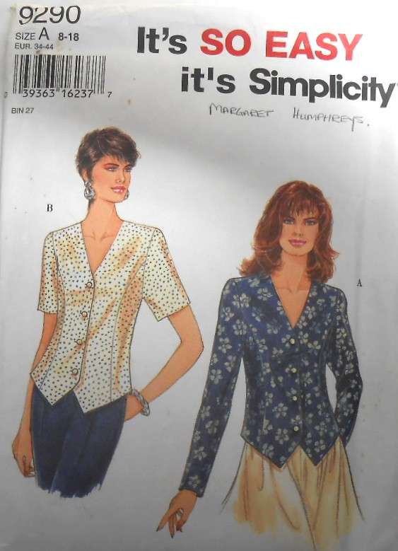SIMPLICITY 9290 SET OF TOPS SIZE 8-18 COMPLETE-CUT TO 18