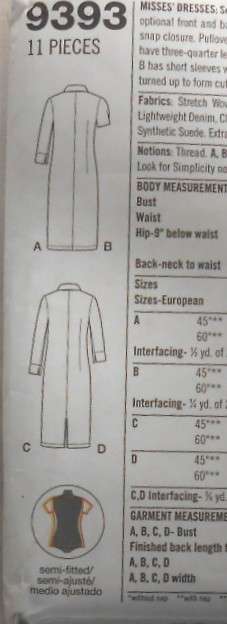 SIMPLICITY 9393 SEMI FITTED DRESS SIZE 16-18-20-22 COMPLETE-CUT TO 22