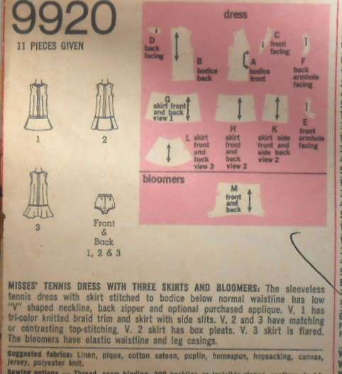VINTAGE SIMPLICITY 9920 TENNIS DRESS WITH 3 SKIRTS & BLOOMERS SIZE 14 BUST 36 COMPLETE