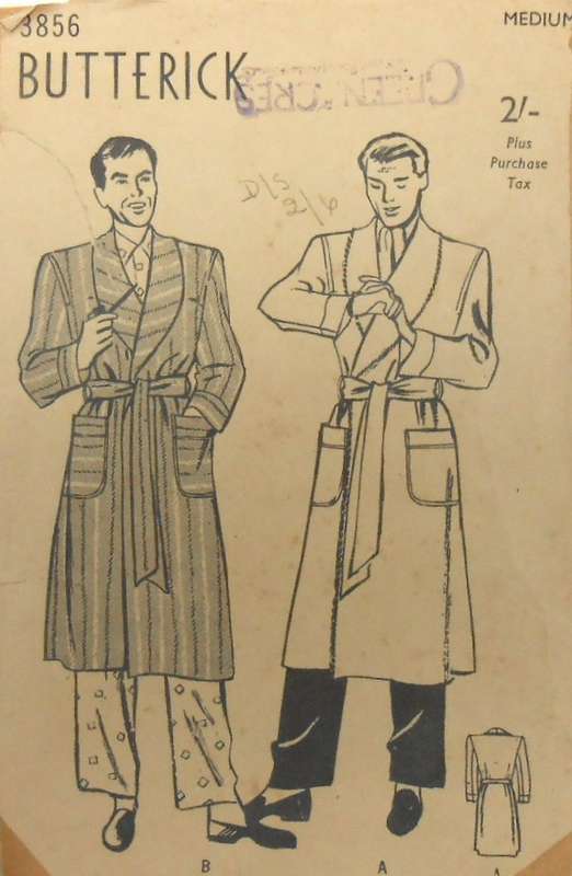 VINTAGE BUTTERICK 3856 MEN'S ROBE: SHAWL COLLAR SIZE MEDIUM 38-40 COMPLETE-ZIPLOC