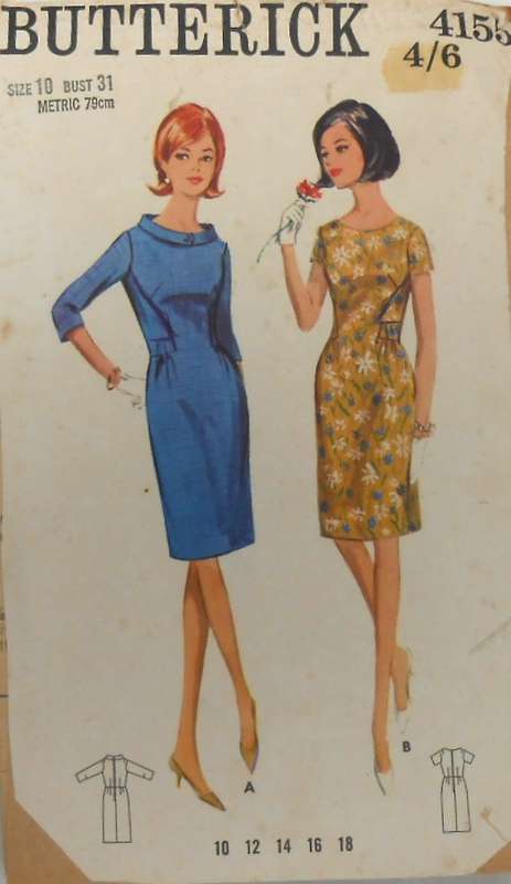 VINTAGE BUTTERICK 4155 ONE PIECE DRESS SIZE 10 BUST 31 COMPLETE-ZIPLOC