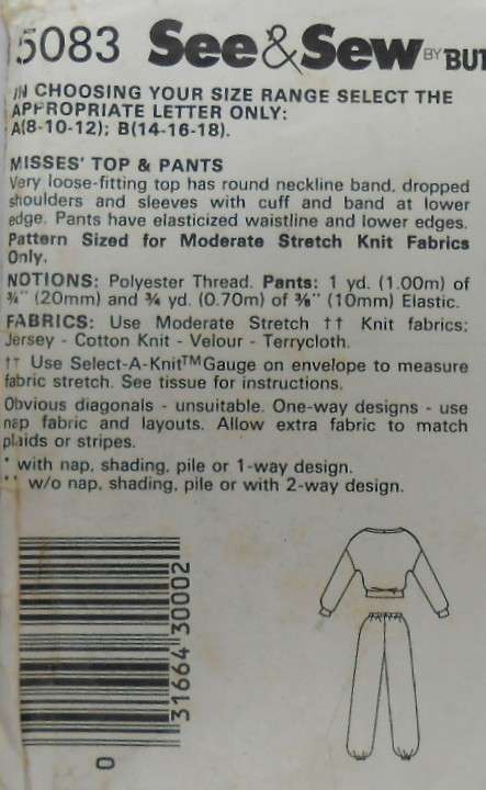 BUTTERICK 5083 TRACKSUIT PANTS & TOP SIZE 14-16-18 COMPLETE-ONLY PANTS CUT TO 18-ZIPLOC