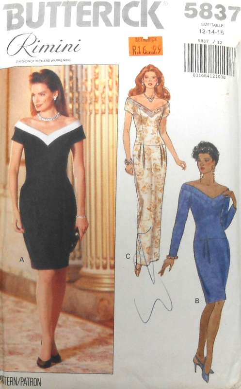 BUTTERICK 5837 STUNNING LINED OFF THE SHOULDER DRESS SIZE 12-14-16 COMPLETE CUT TO 16