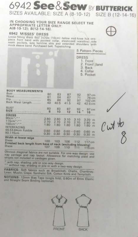 BUTTERICK 6942 LOOSE FITTING DRESS SIZE 8-10-12 COMPLETE-CUT TO 8-ZIPLOC
