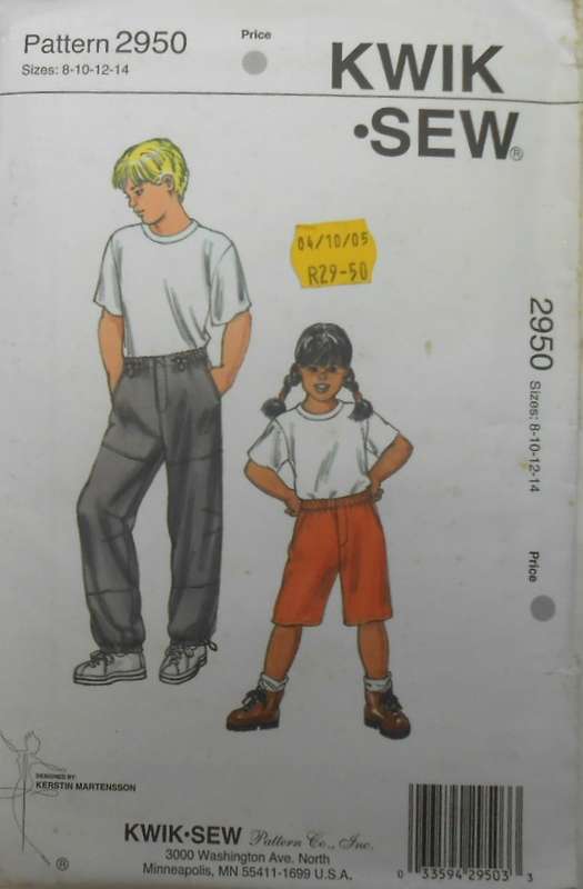 KWIK SEW 2950 GIRL & BOYS PANTS & SHORTS SIZE 8-10-12-14 YEARS COMPLETE-UNUSED TO 14 YEARS