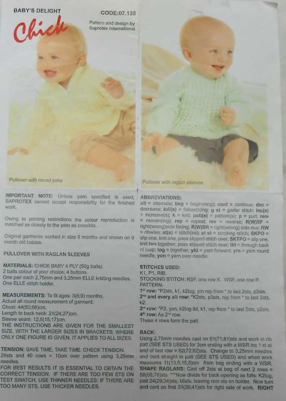CHICK 07.130 PULLOVER WITH RAGLAN SLEEVES & PULLOVER WITH ROUND YOKE TO FIT 3 - 9 MONTHS