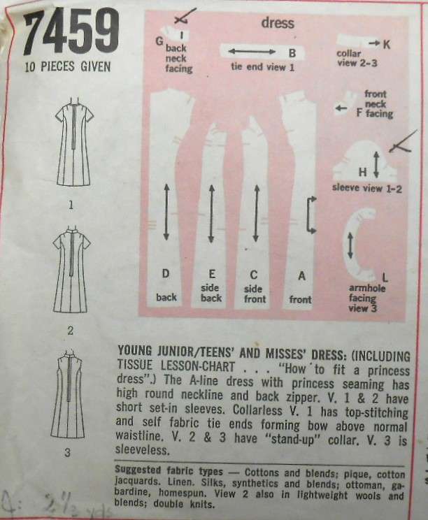 SIMPLICITY 7459 PRINCESS DRESS SIZE 8 BUST 31 1/2" -NO SLEEVE PATTERN SUPPLIED