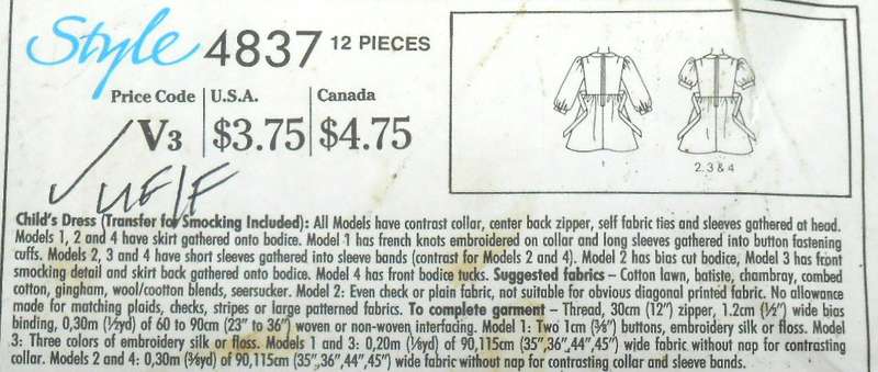 STYLE PATTERN 4837 CHILD'S DRESS WITH SMOCKING SIZE 2-3-4 YEARS COMPLETE-UNCUT-F/FOLDED
