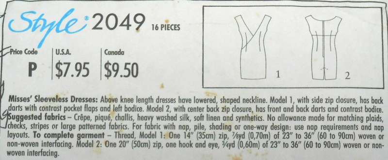 STYLE PATTERN 2049 SLEEVLESS DRESS WITH SHAPED NECKLINE SIZE 6-16 COMPLETE-UNCUT-F/F-ONLY FACING CUT