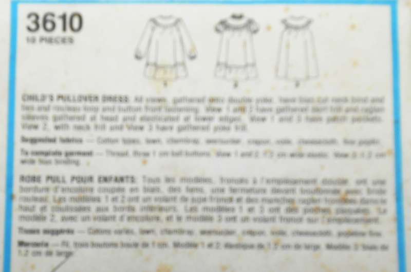 STYLE PATTERN 3610 GIRLS PULLOVER DRESS SIZE 3 YEARS COMPLETE