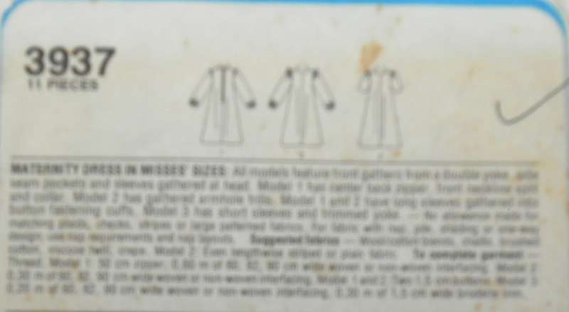 STYLE PATTERN 3937 MATERNITY DRESS SIZE 12-14-16 COMPLETE