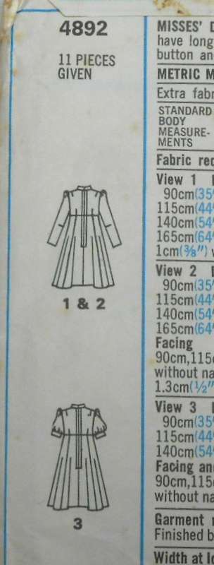 VINTAGE STYLE PATTERN 4892 DRESS WITH HIGH LINE BODICE SIZE 12 BUST 87 CM COMPLETE & PART CUT