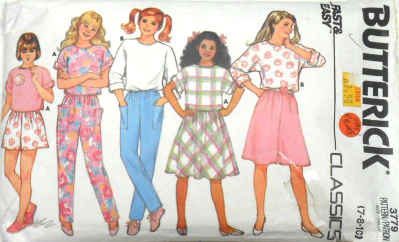 BUTTERICK 3779 GIRLS TOP-SKIRT-CULOTTES-SHORTS-PANTS SIZE 7-8-10 YEARS COMPLETE-MOSTLY UNCUT