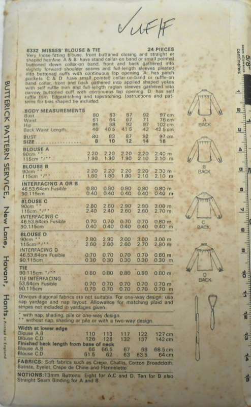 BUTTERICK 6332 BLOUSE & TIE SIZE 10 COMPLETE-UNCUT-F/FOLDED