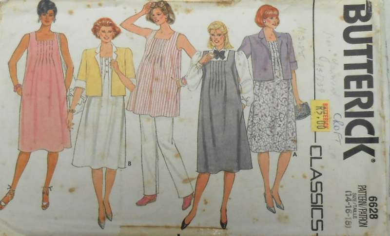 BUTTERICK 6628 MATERNITY JACKET-DRESS-PINAFORE-TOP-PANTS SIZE 14-16-18 COMPLETE-CUT TO 16-ZIPLOC