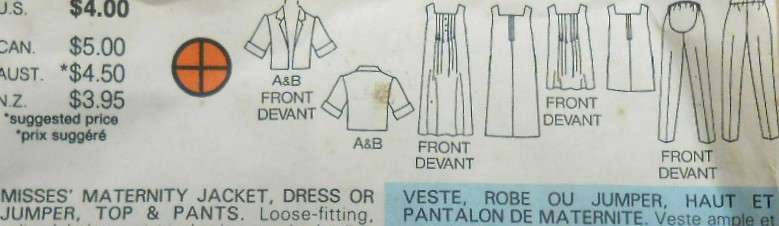 BUTTERICK 6628 MATERNITY JACKET-DRESS-PINAFORE-TOP-PANTS SIZE 14-16-18 COMPLETE-CUT TO 16-ZIPLOC