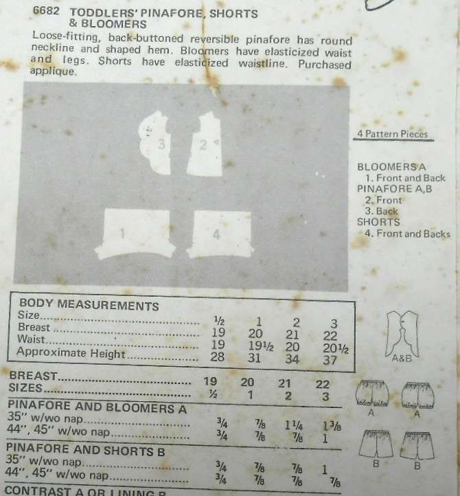 VINTAGE BUTTERICK 6682 TODDLERS PINAFORE-SHORTS-BLOOMERS SIZE 1 YEAR BREAST 20 COMPLETE
