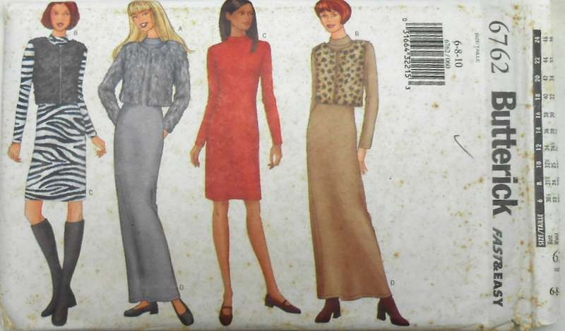 BUTTERICK 6762 JACKET-WAISTCOAT-DRESS SIZE 6-8-10 COMPLETE-MOSTLY UNCUT TO 10