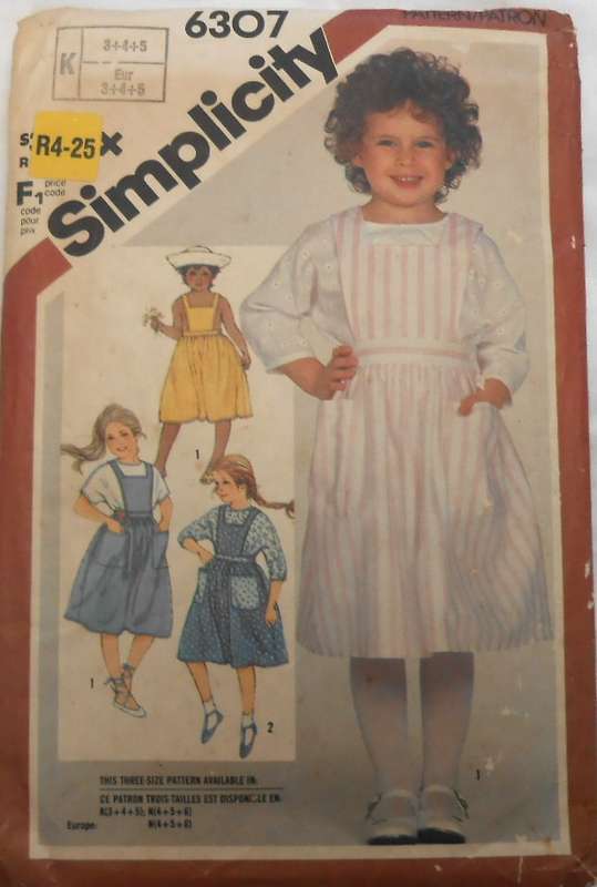 SIMPLICITY 6307 GIRLS PINAFORE & BACK BUTTON BLOUSE SIZE 3-4-5 YEARS -COMPLETE-CUT TO 5 YEARS
