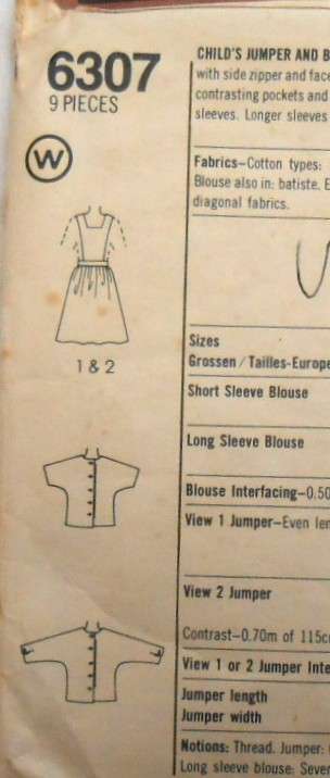 SIMPLICITY 6307 GIRLS PINAFORE & BACK BUTTON BLOUSE SIZE 3-4-5 YEARS -COMPLETE-CUT TO 5 YEARS