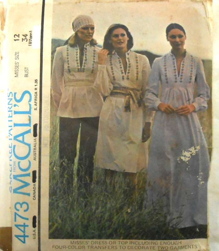 McCALLS 4473 DRESS OR TOP WITH FOUR COLOUR TRANSFERS SIZES 12 BUST 34- COMPLETE-ZIPLOC