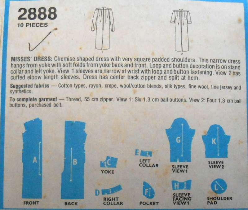 STYLE PATTERN 2888 CHEMISE SHAPED DRESS WITH SQUARE SHOULDERS SIZE 10 BUST 83 CM COMPLETE